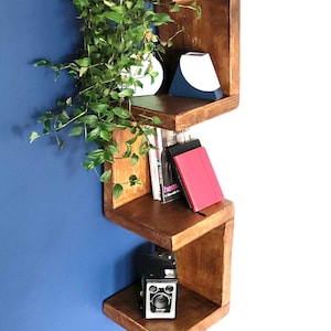 May include: A wooden wall shelf with a staggered design. The shelf is stained a dark brown color and has three shelves. The top shelf has a white and blue geometric vase, the middle shelf has a stack of books and a red journal, and the bottom shelf has a vintage camera. A green plant is hanging from the top shelf.