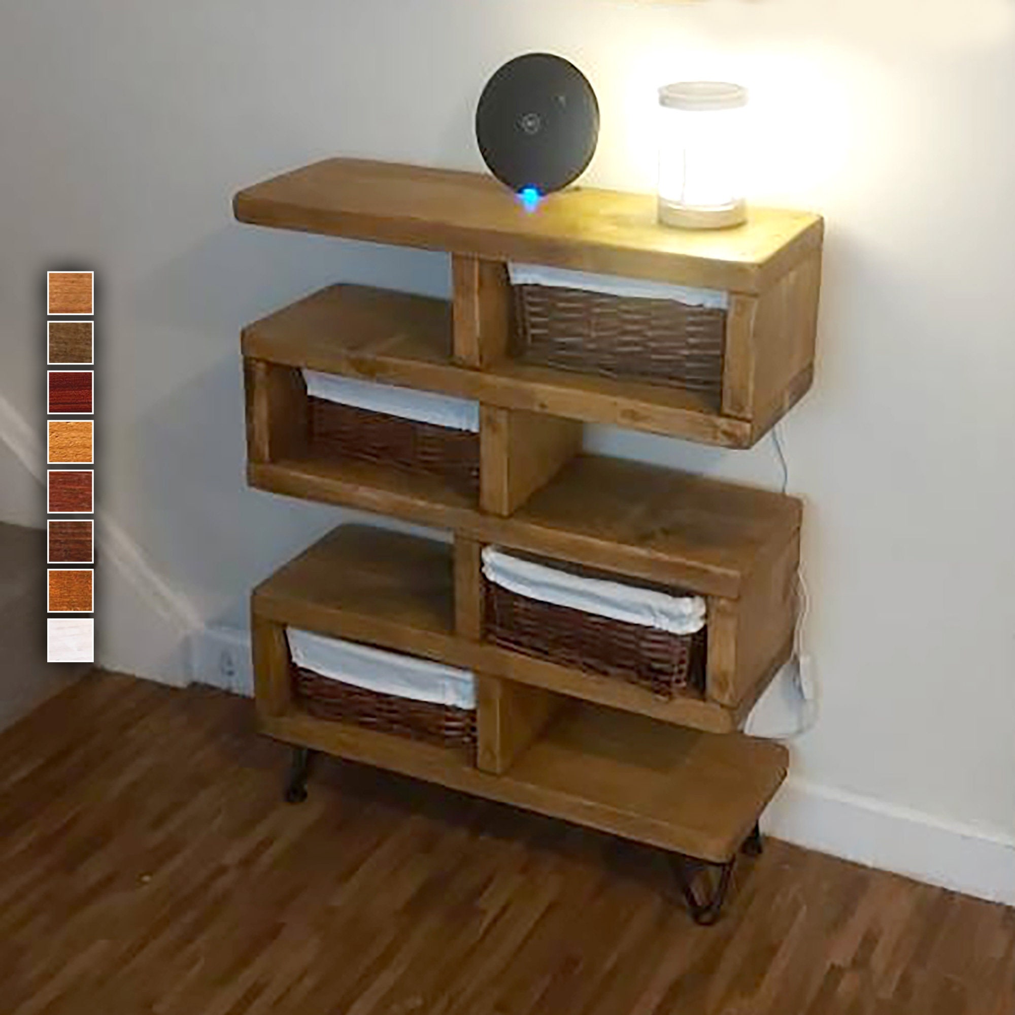 Wooden Storage Unit With Baskets Side Table With Greek Meander