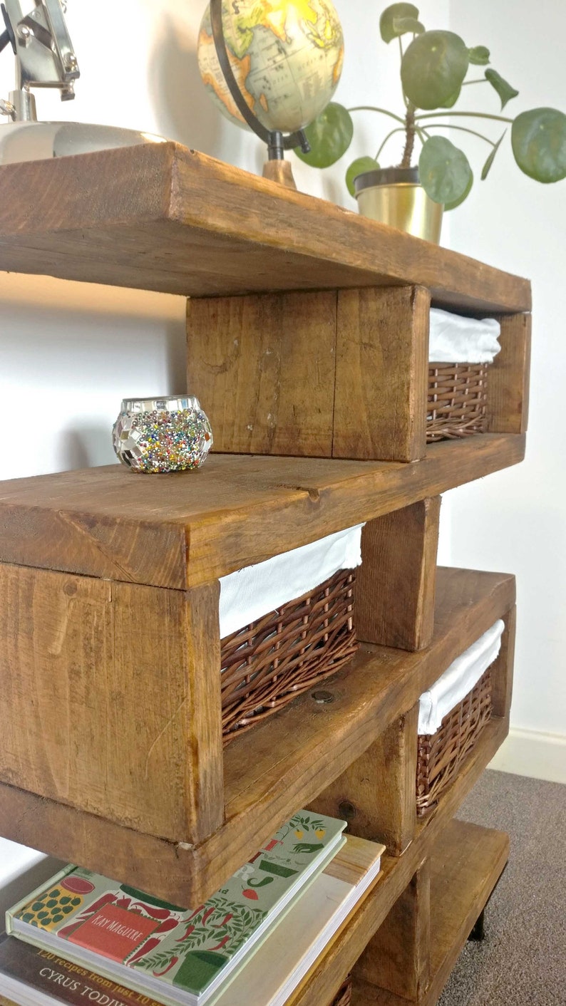Chunky Storage Unit With Wicker Baskets Zig Zag Side Table Etsy UK