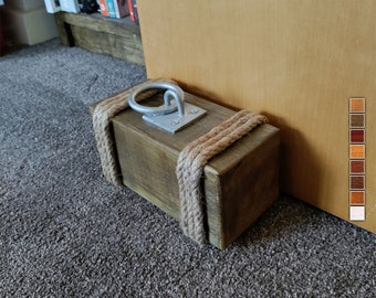 Rustic Doorstop - Wooden Door Stopper - Chunky Pine Doorstop with Jute Rope Bumpers - Pinewood  stopper with Steel Ring