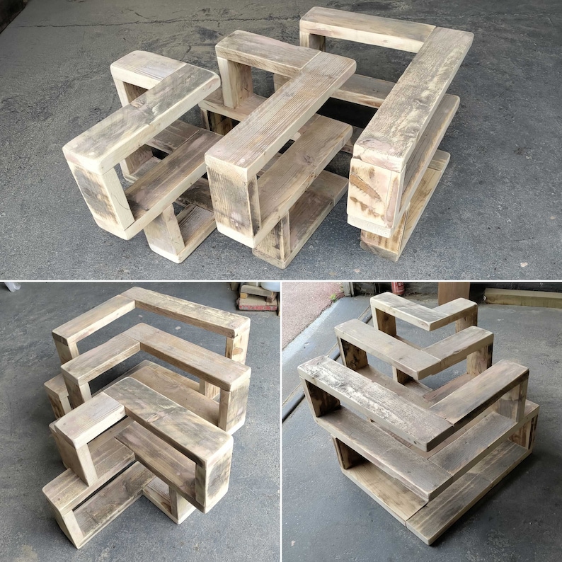 image showing all 3 sizes of the reversible corner shelf in my workshop before wood stain has been applied