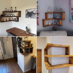 various customer pictures showing the corner shelf in the various available sizes