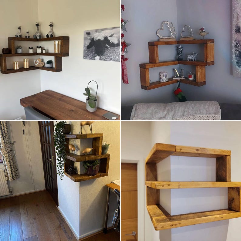 various customer pictures showing the corner shelf in the various available sizes