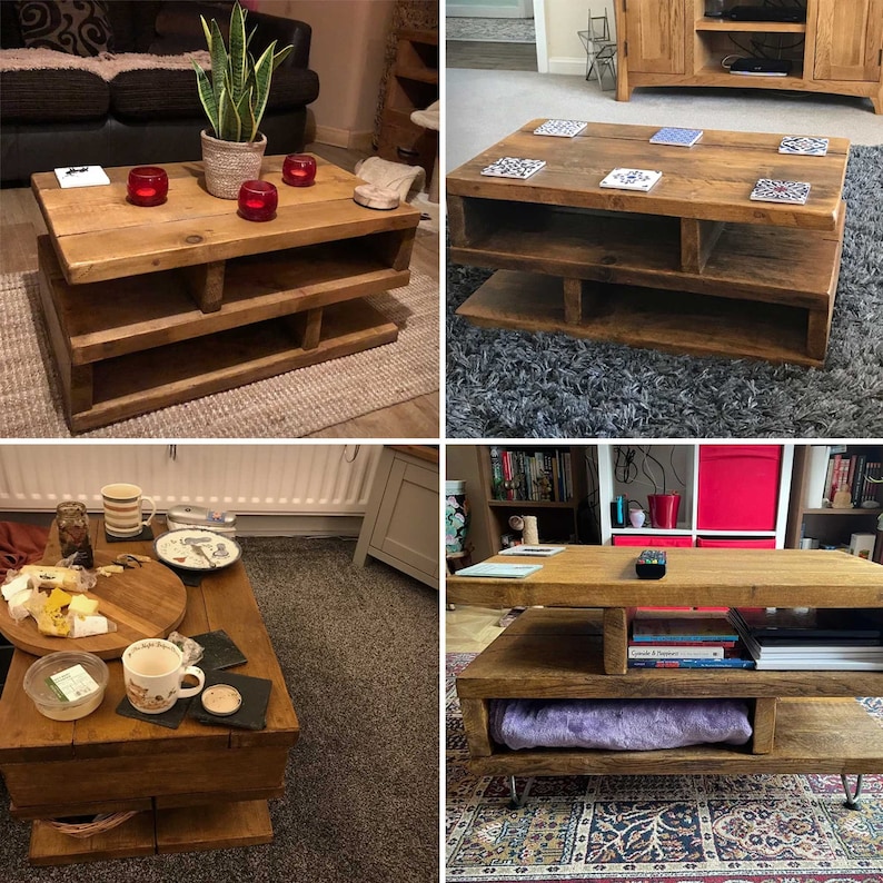multiple views of the rustic coffee table with 1 showing the optional raw steel finished  10cm hairpin legs. Pictured in a various stain colours and sizes.