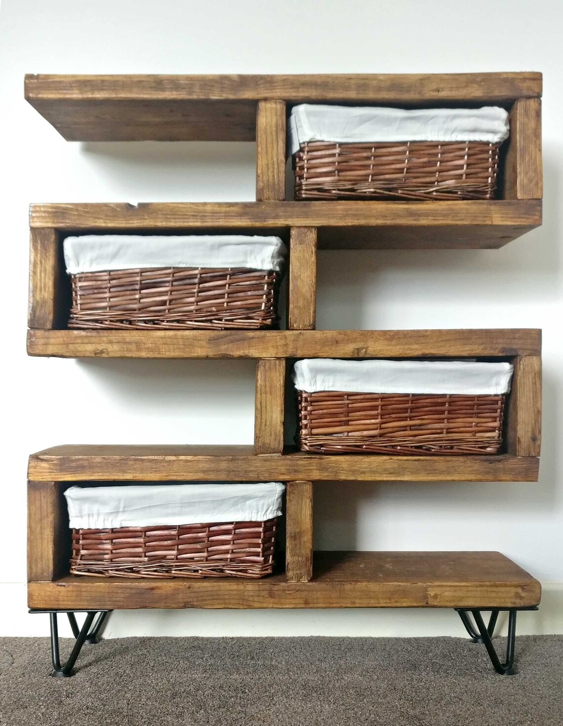 Chunky Storage unit with wicker baskets zig zag side table Etsy