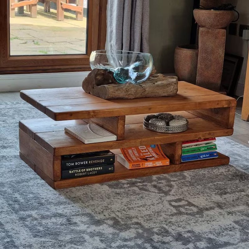 customer image of the large size Rustic Coffee Table in  an antique oak wood stain.
