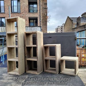 image showing the 4 different sized storage units available. Image taken before the sanding and staining process.