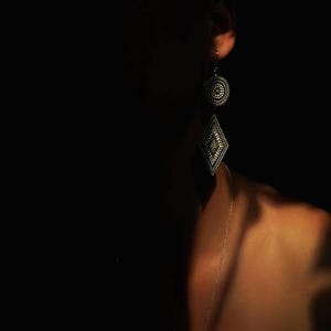 Hand-Painted Geometric Earrings | Black and White Boho Statement Earrings | Dot Art Wooden Jewelry | Lightweight Tribal Dangle Earrings