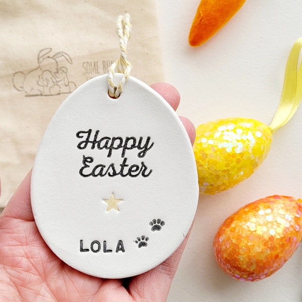 Personalised Pet Easter Clay Keepsake, Dog Mum Gift, Treat Basket Gift Tag, Dogs First Easter, Cat Clay Easter Tree Decoration, From The Dog
