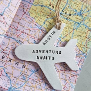 Personalised Aeroplane, Adventure Awaits Airplane Decoration, Cabin Crew, Pilot, Inspirational Clay Keepsake, Travel The World, Fly High!