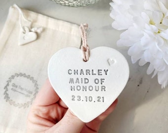 Maid Of Honour Clay Heart Gift, Place Setting, Thank You Wedding Decoration, Personalised Flower Girl Gift Tag, Bridesmaid Proposal