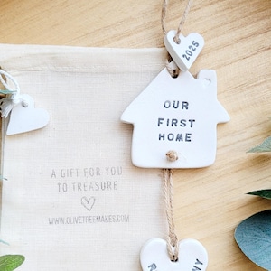 Personalised Our First Home Gift, Our Happy Place Hanging Clay Keepsake, 2025, House Decoration, Housewarming, Good Luck, New Home Gift