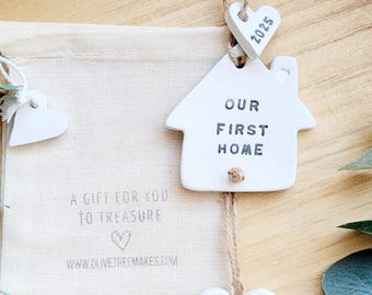 Personalised Our First Home Gift, Our Happy Place Hanging Clay Keepsake, 2025, House Decoration, Housewarming, Good Luck, New Home Gift