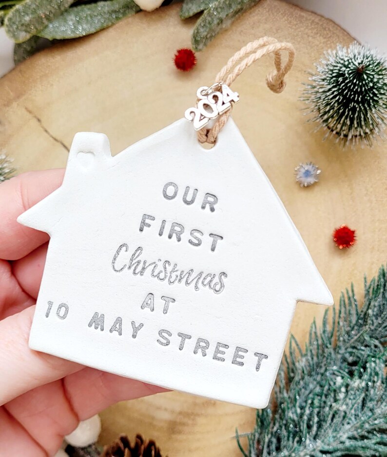 Our First Christmas House Personalised Gift, Street Name Hanging Clay