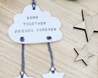 Born Together Friends Forever, Personalised TWINS Baby Gift, Cloud Nursery Decoration, TRIPLETS, Baby's Christening Day, Siblings Keepsake