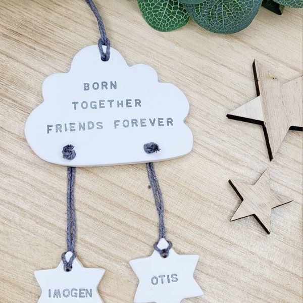Born Together Friends Forever, Personalised TWINS Baby Gift, Cloud Nursery Decoration, TRIPLETS, Baby's Christening Day, Siblings Keepsake