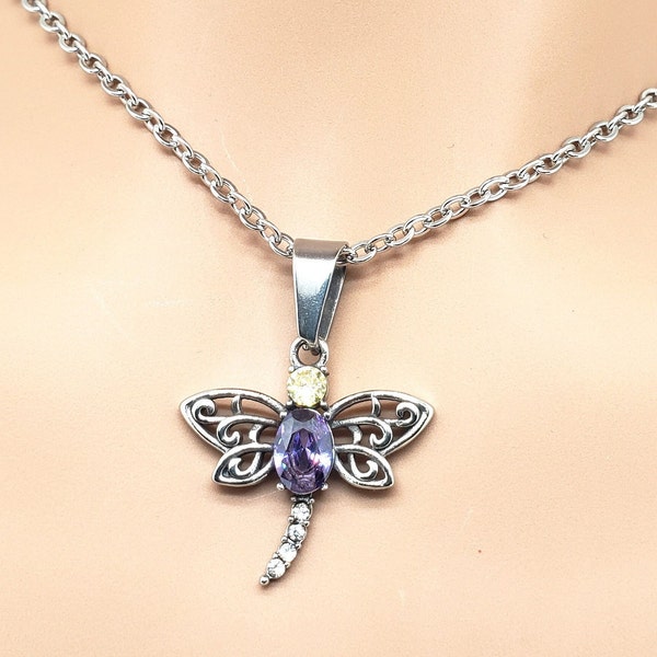 ON SALE Discreet Locking Synthetic Amethyst and Citrine CZ Dragonfly Collar