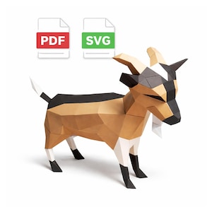 May include: A geometric paper goat sculpture with tan, black, and white sections. The goat has a beard and horns. PDF and SVG file icons are in the upper left corner.