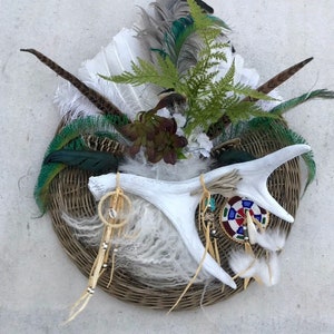 Handmade Dreamcatcher – Moose Horn, Buffalo Tooth, Beaded Rosette, Feathers & Deer Hide Wall Hanging