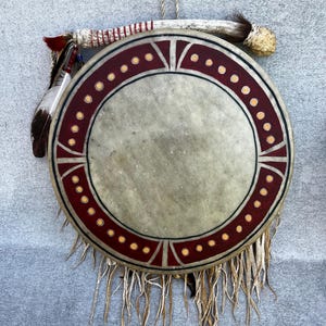 Spirit Drum Set – Native Painted Deer Rawhide Drum & Horn Stick – Ceremonial Powwow Shaman Drum