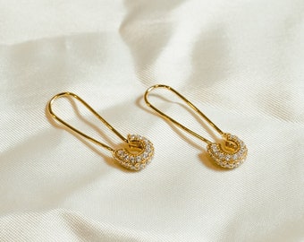 Boucles d’oreilles de déclaration d’épingle de sécurité, boucles d’oreilles trombones en or vermeil 18 carats, cerceaux de trombone, boucles d’oreilles à clip en or, boucles d’oreilles à petit clip