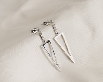 Sterling silver tiny drop statement earrings, dainty cz geometric triangle dangle drop earrings, minimalist tiny dangle gemstone earrings