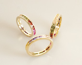 LGBTQ+ Eternity Band 18K Gold Vermeil or Sterling Silver Rainbow CZ  Stackable Wedding Ring