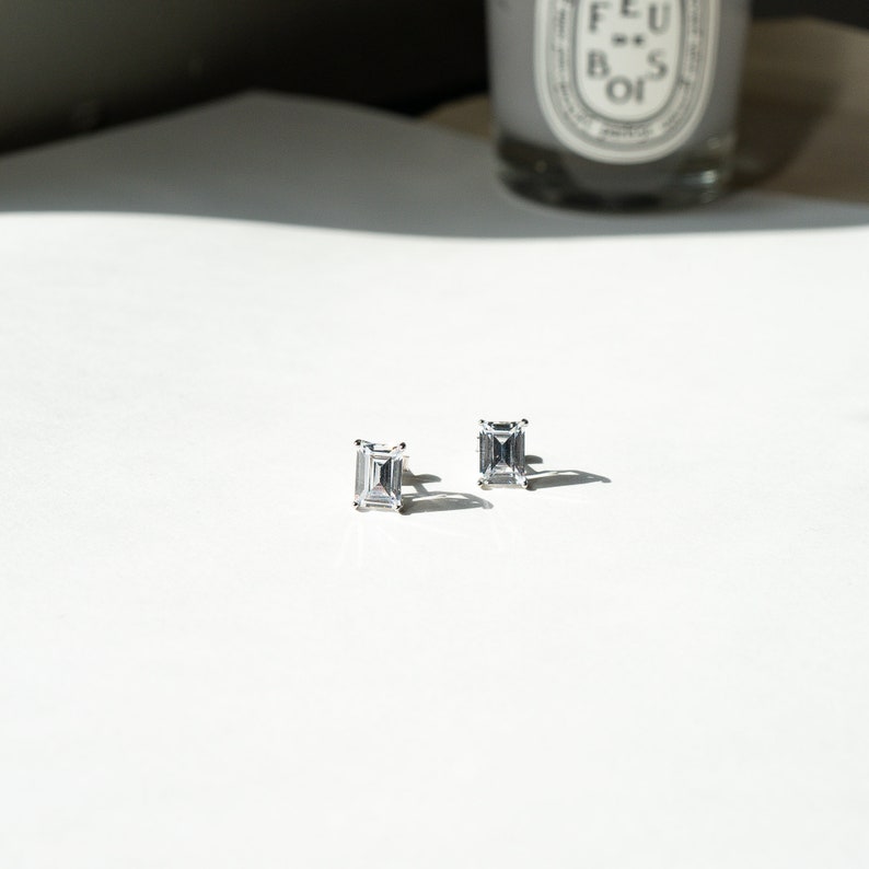 sterling silver crystal boho vintage helix cartilage small studs Minimalist Emerald Cut diamond gemstone bridal wedding tiny stud earrings