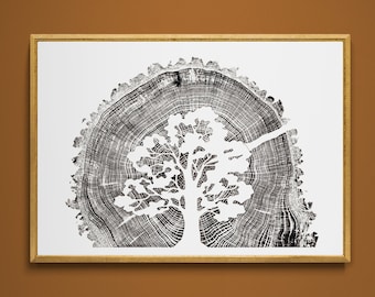 Oak on Oak Tree ring print download, Printable tree ring print, Woodcut, Tree stump print