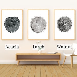 Set of three Tree ring prints Walnut, Larch, Acacia to download, printable tree ring prints, woodcut print, tree stump art, Wall art