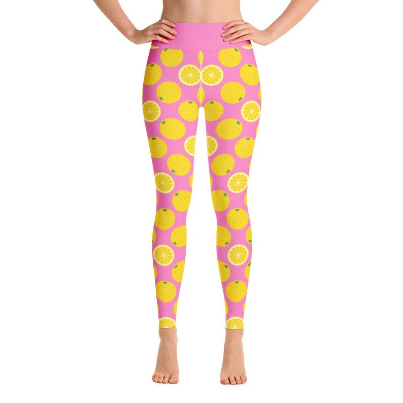 Pink and Yellow Yoga Leggings Kawaii Food Fruit Lemon Orange Print Fitness Tights Exercise Pants Quirky Stretch Bottoms