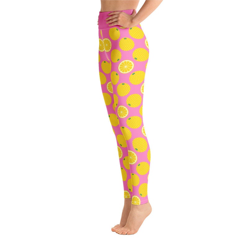 Pink and Yellow Yoga Leggings Kawaii Food Fruit Lemon Orange Print Fitness Tights Exercise Pants Quirky Stretch Bottoms