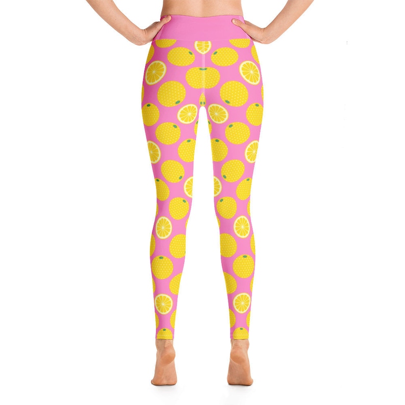 Pink and Yellow Yoga Leggings Kawaii Food Fruit Lemon Orange Print Fitness Tights Exercise Pants Quirky Stretch Bottoms