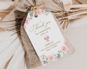Pink Roses Communion Favor Tag Template, Printable Stickers (Digital Download) #126