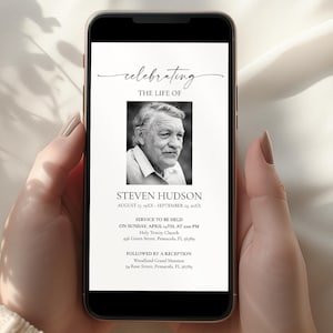 Annuncio elettronico del funerale, invito elettronico al funerale per smartphone, invito elettronico alla celebrazione della vita, invito modificabile