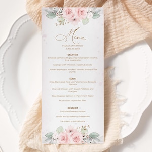 Menu Template with Pink Roses (Wedding, Bridal Shower, Baptism, Dinner, Brunch) • INSTANT DOWNLOAD • Editable, Printable Template, #126