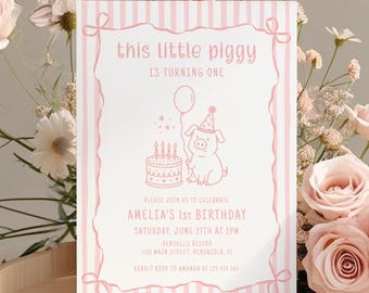 Piggy Birthday Invitation Template • This Little Piggy is One • Editable Printable Digital Download