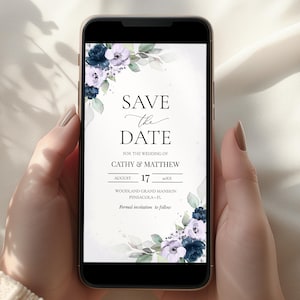 Navy Blue and Lavender Electronic Save the Date Template, Wedding Date Announcement • INSTANT DOWNLOAD • Editable Template, A129