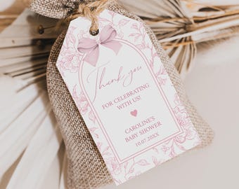 Editable Pink Toile Gift Favor Tag Template - Instant Download Thank You Stickers/Labels, #BS10