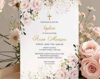 Blush Pink Floral Baptism Invitation Template (Digital Download)