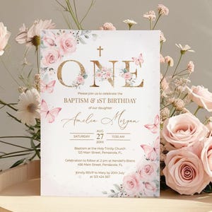 Rosa Taufe und 1. Geburtstag Einladung Vorlage mit Schmetterlingen • SOFORTIGER DOWNLOAD • Bearbeitbare, druckbare Vorlage, #126