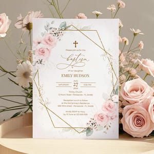 Light Pink Baptism Invitation Template, Printable First Holy Communion Invitation, Editable Template, Instant Download, #126