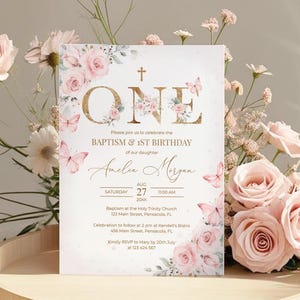 Light Pink Baptism and 1st Birthday Invitation Template with Butterflies • INSTANT DOWNLOAD • Editable, Printable Template, #126