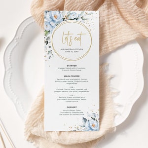 Blaue Hochzeitsmenü-Vorlage (Hochzeit, Brautparty, Abendessen, Brunch, Taufe) • SOFORTIGER DOWNLOAD • Bearbeitbare, druckbare Vorlage, A118