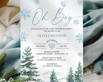 Może przedstawiać: Zaproszenie na baby shower z napisem "Oh Boy" w eleganckiej czcionce. Zaproszenie ma zimowy motyw z akwarelowymi ilustracjami sosen, płatków śniegu i krajobrazu górskiego. Szczegóły obejmują datę, godzinę i miejsce.