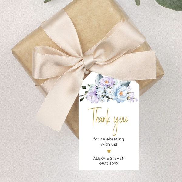 Printable Gift Favor Tags with Lavender and Blue Roses, Thank You Stickers • INSTANT DOWNLOAD • Editable Favor Gifts in 3 sizes, A100