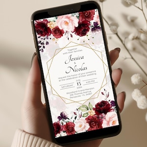 Electronic Wedding invitation Template, Burgundy Evite, Digital Invitation • INSTANT DOWNLOAD • Editable Template, A115