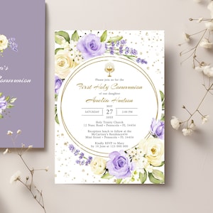 Lavender and Pale Yellow First Holy Communion Invitation Template • INSTANT DOWNLOAD • Editable, Printable Template, #140