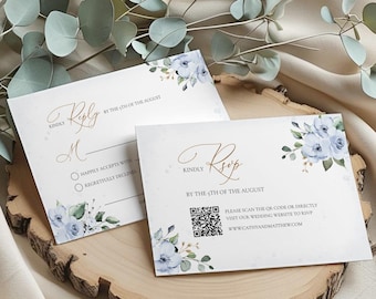 Dusty Blue Floral Wedding RSVP Card Template (Digital Download) #127