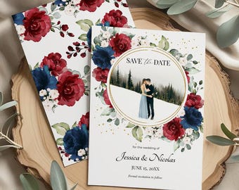 Burgundy and Navy Blue Wedding Save the Date Template • INSTANT DOWNLOAD • Editable, Printable Template, A123